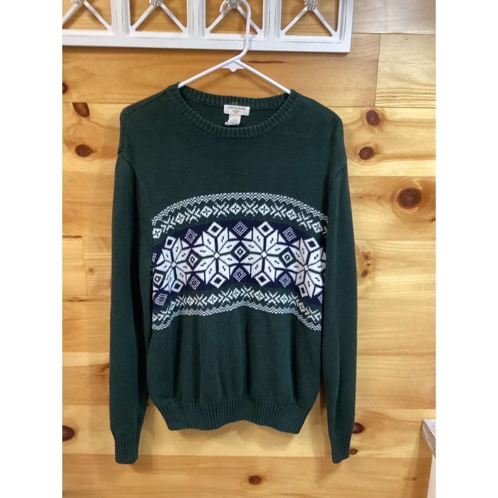Dockers Mens Medium Green Cotton Snowflake Fair Isle Crewneck Pullover Sweater